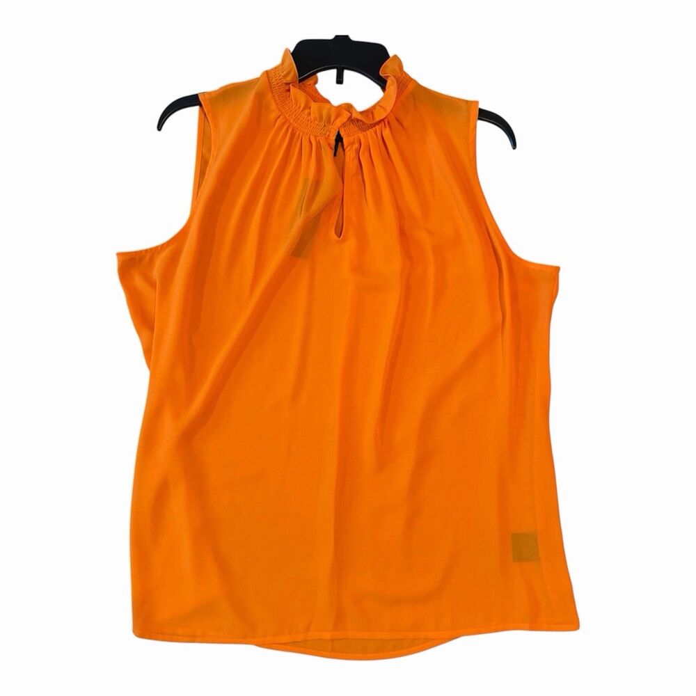 Worthington Women XL NWT Orange Pop Sleeveless Sheer Blouse Keyhole Mock Ruffle